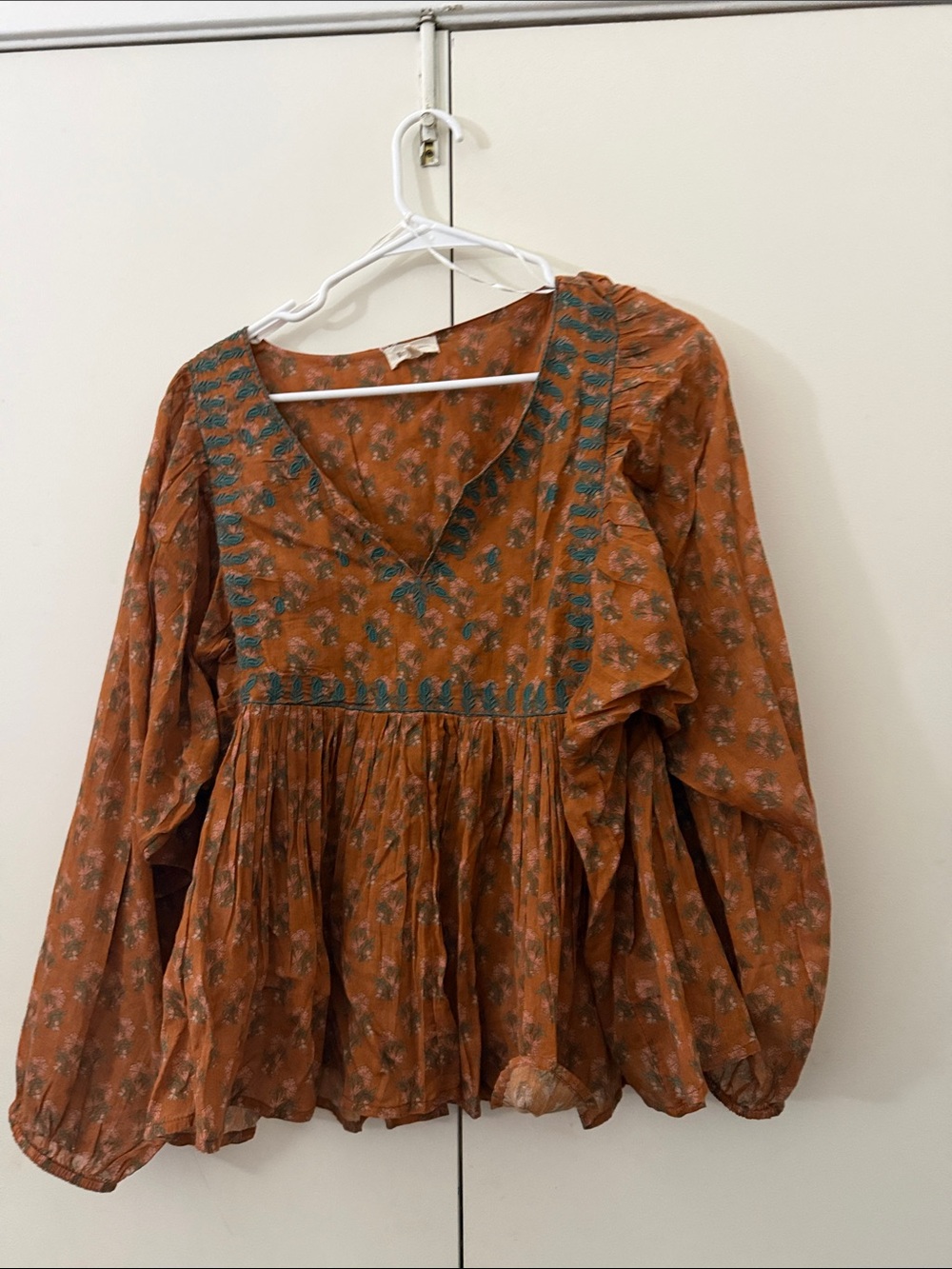 Rust Floral Peasant Blouse with Blue Embroidery